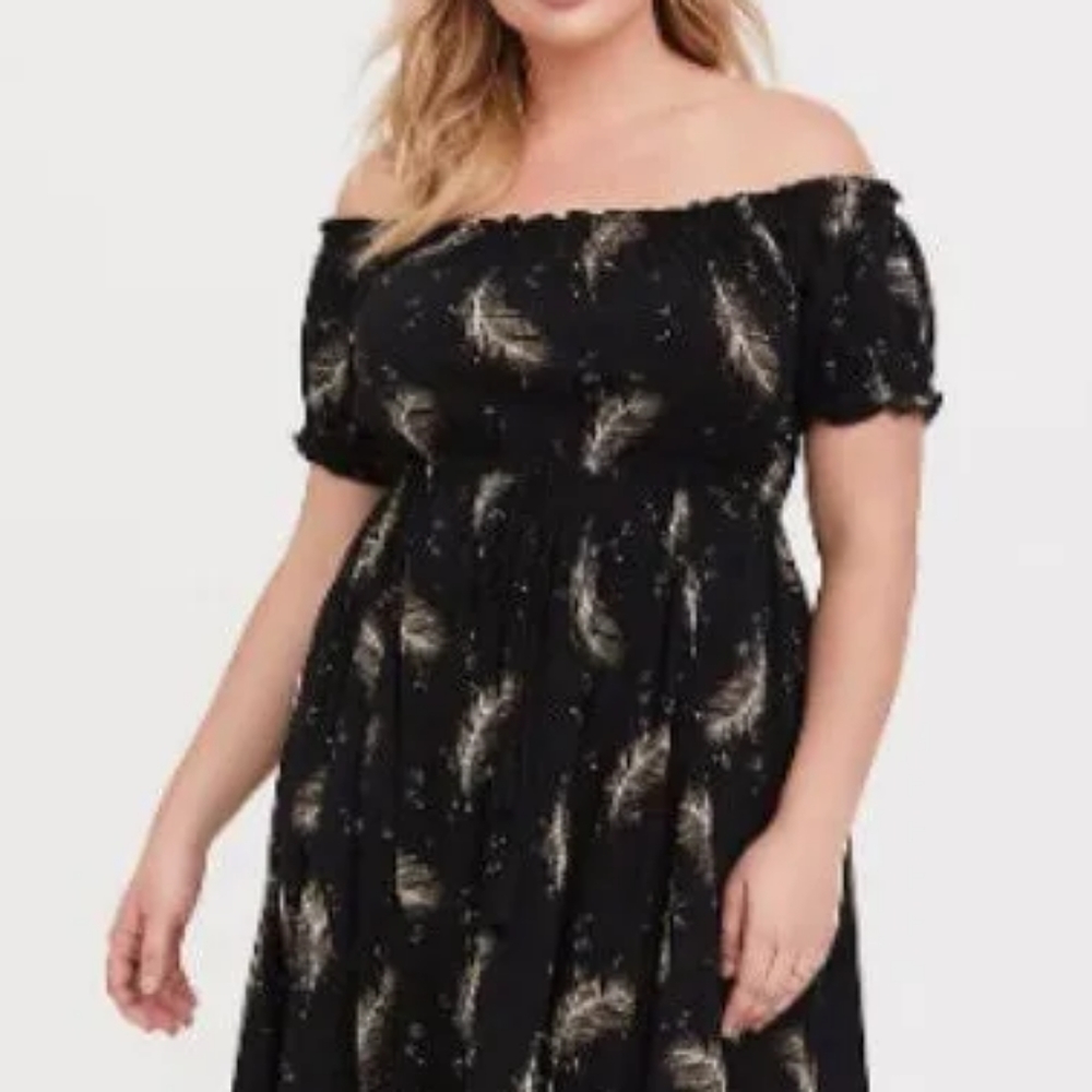 BLACK FEATHER CHALLIS OFF SHOULDER MIDI DRESS